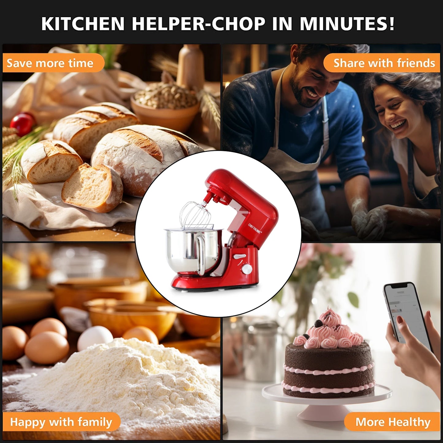 Cheftronic Tilt-Head Stand Mixer 650W US Plug Milk Frother