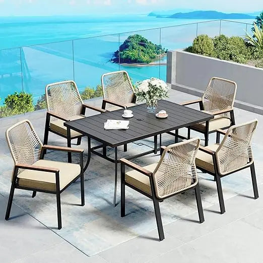 7-Piece Patio Dining Set With Woven Rattan Chairs And Cushions
