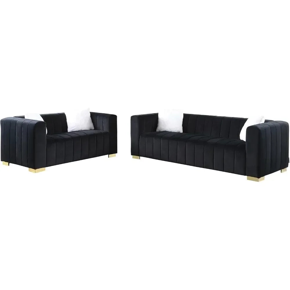 Modern Velvet Channel Tufted Two-Piece Sofa Set with Loveseat
