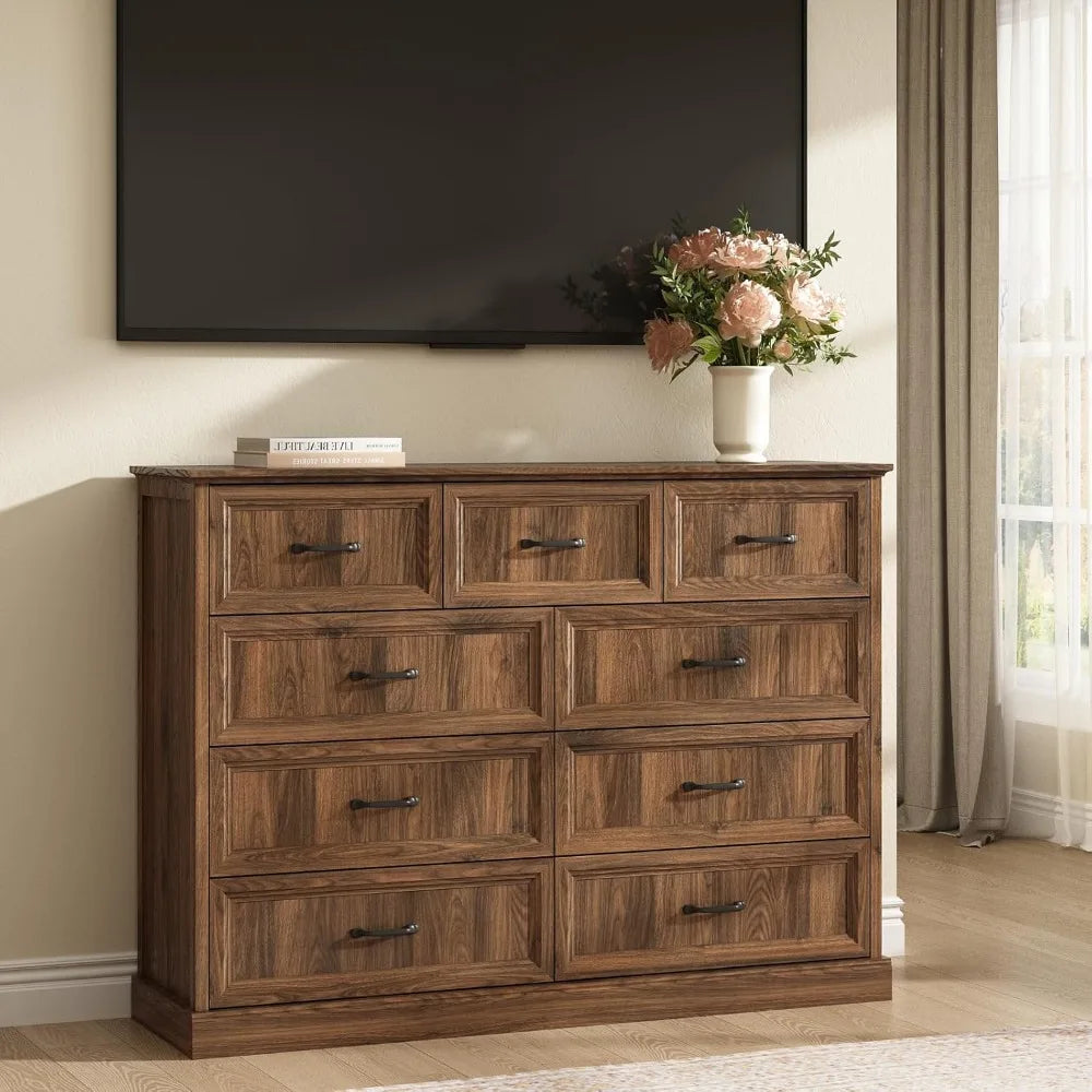 Nine Drawer Dresser And TV Stand In Modern Walnut Finish