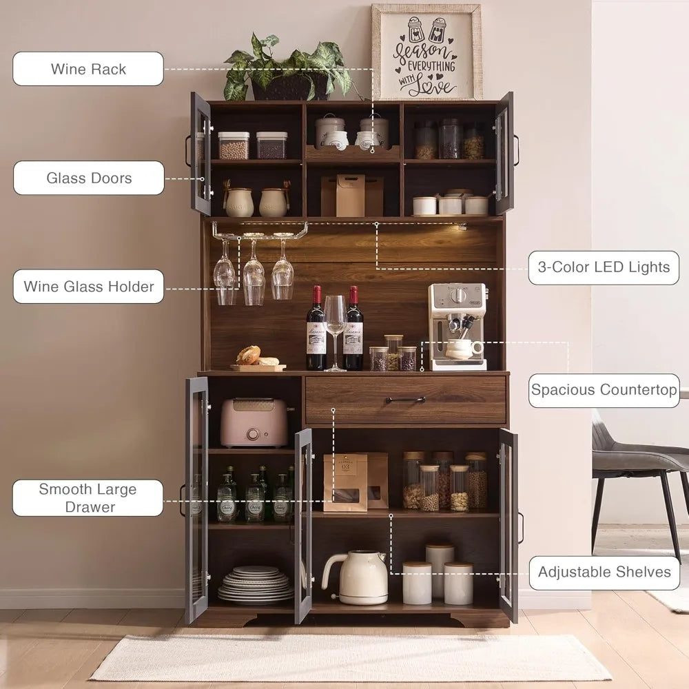Coffee Bar Storage Cabinet With LED Lights And Wireless Charging