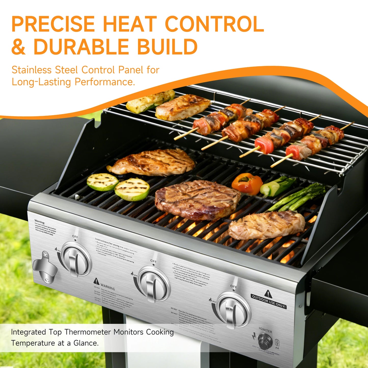 Propane 3-Burner Gas Grill With Warming Rack 30,000 BTU