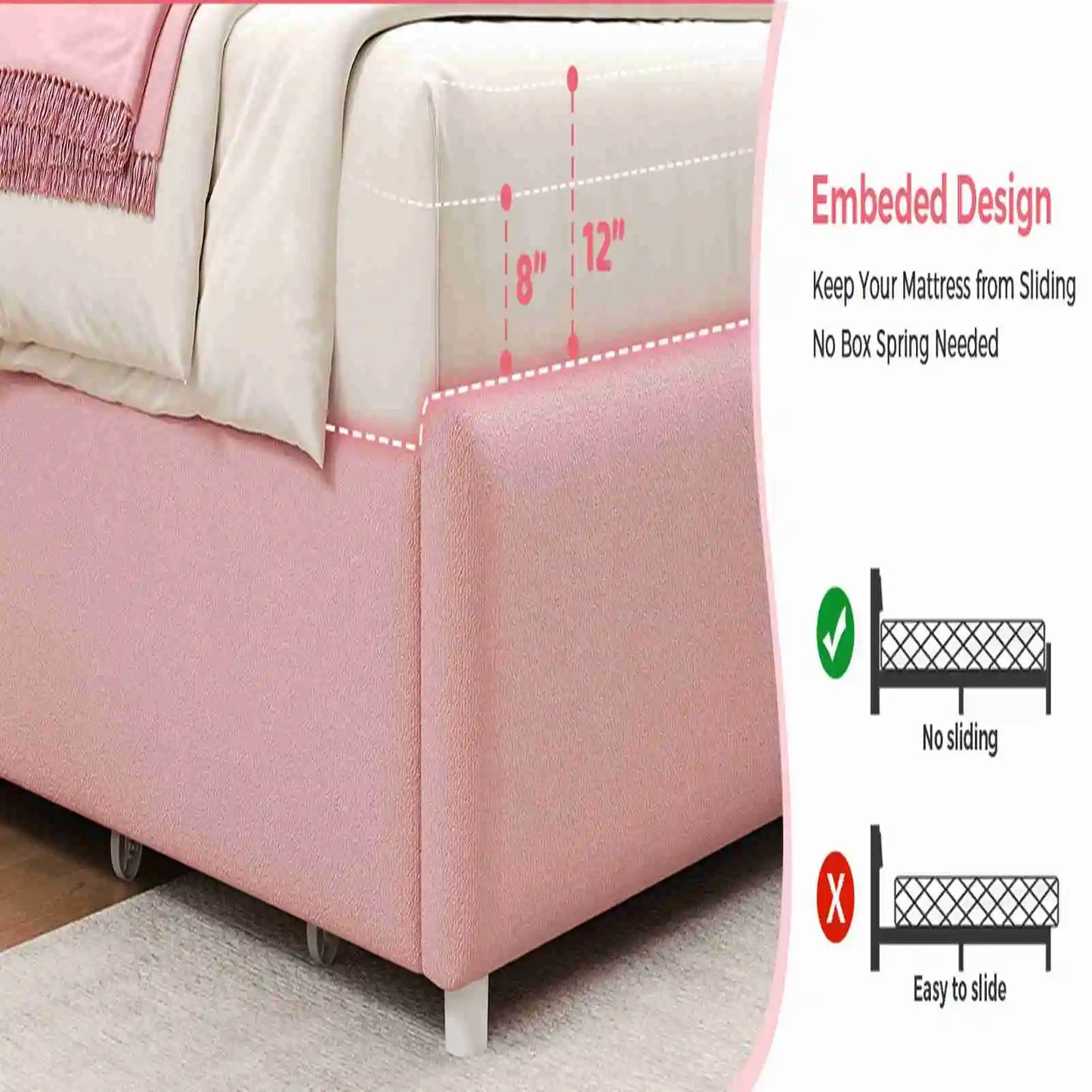 Upholstered Bed Frame With LED Lights And Adjustable Headboard