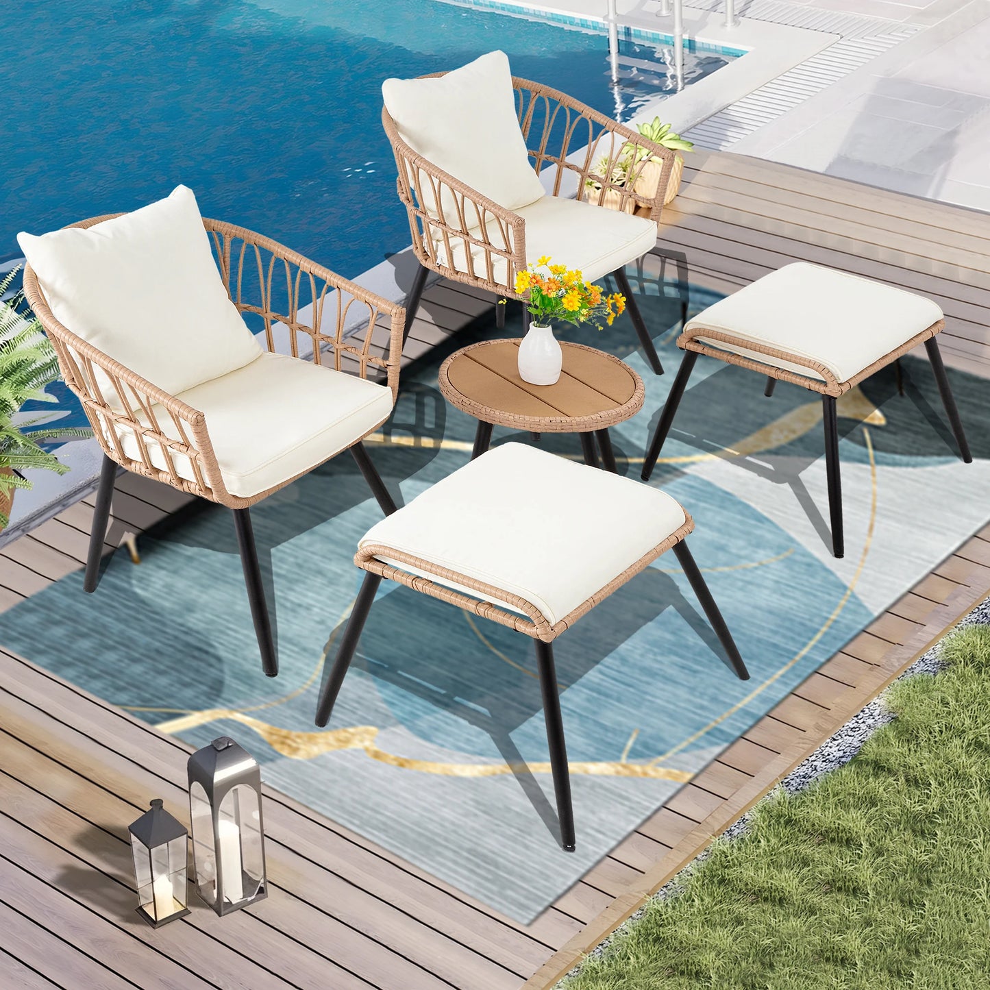 Seogwisam 5 Piece Outdoor Patio Bistro Set Wicker Ottoman Table