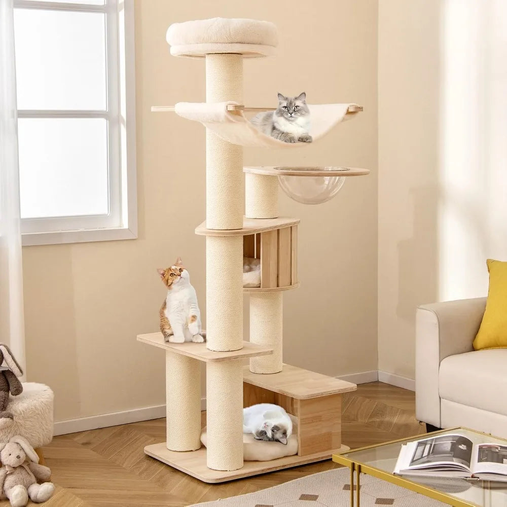 Wooden Cat Tree With Multi Level Towers And Dual Condos