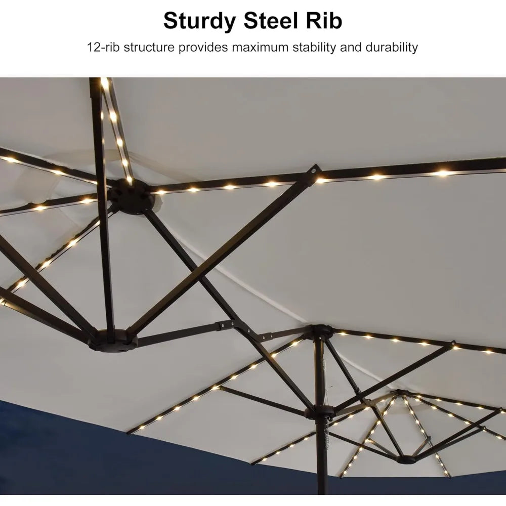 Patio Market Umbrella With Solar LED Base Crank Outdoor