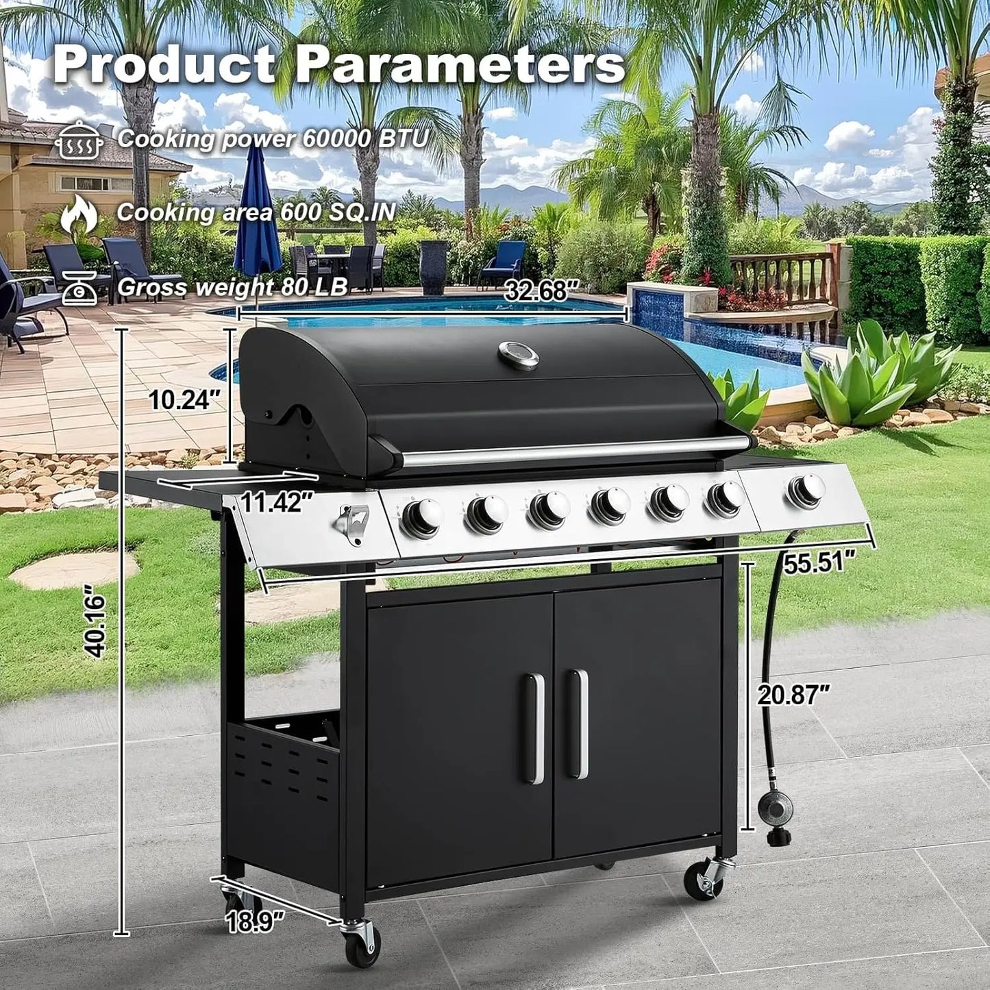Upgraded 60K BTU Stainless Steel 6 Burner Propane Gas Grill