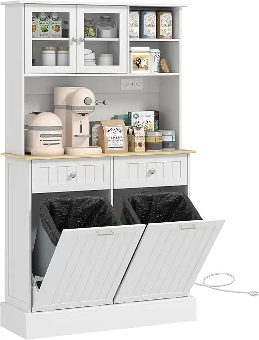 Freestanding Kitchen Pantry Storage Cabinet With Charging Station And Drawers