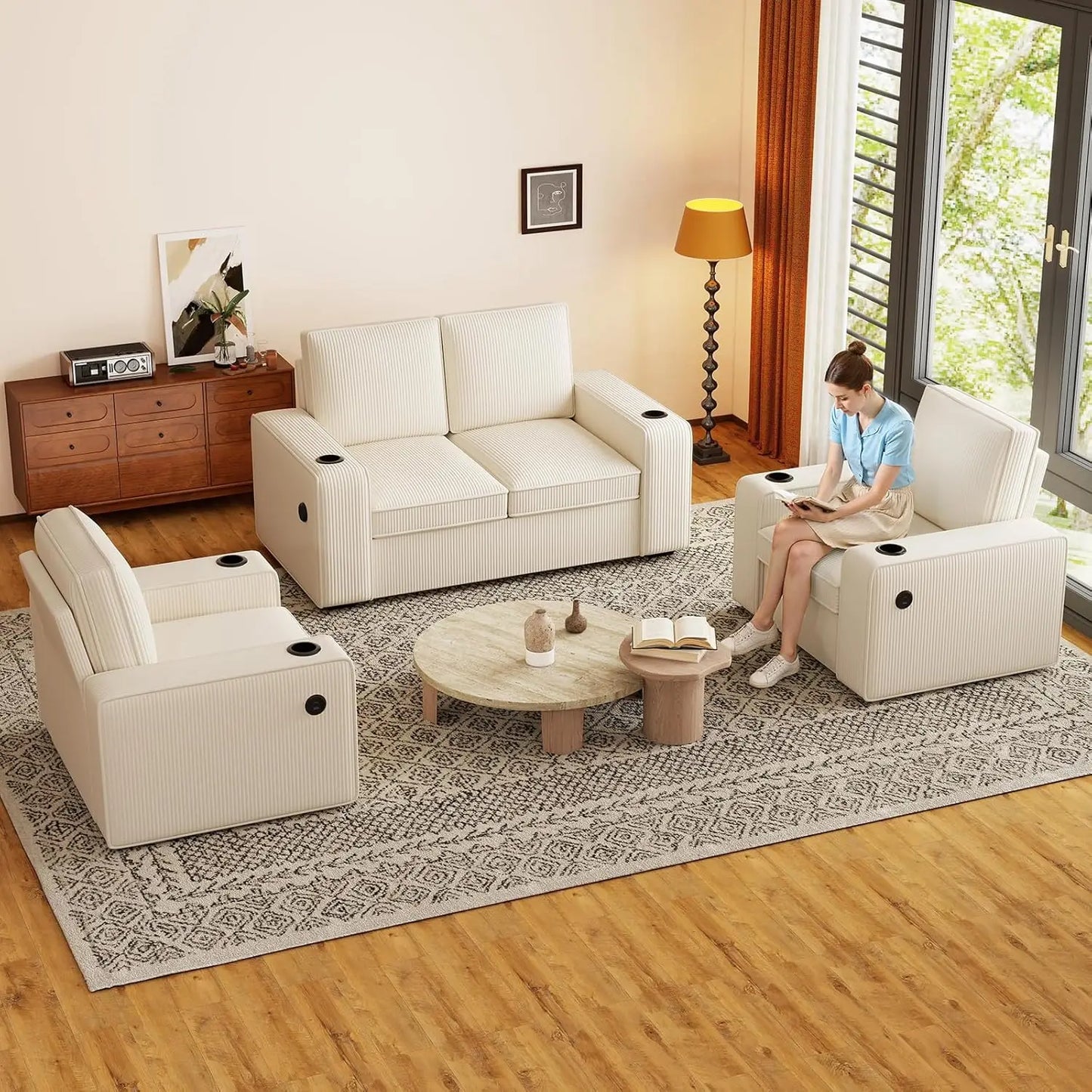 Corduroy 4 Seater Sectional Sofa Set With USB Holder 3PC