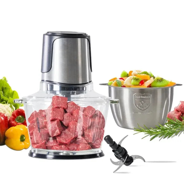 Electric Food Processor With Dual Bowls For Meat And Vegetable