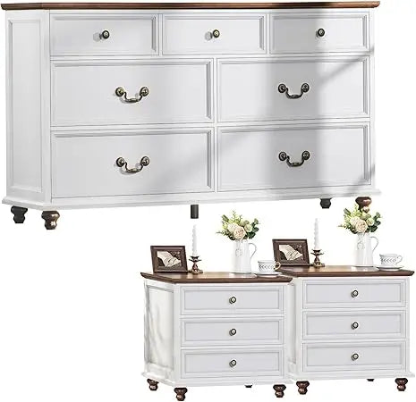 MKDK Farmhouse Dresser And Nightstand Set 3 Piece Collection