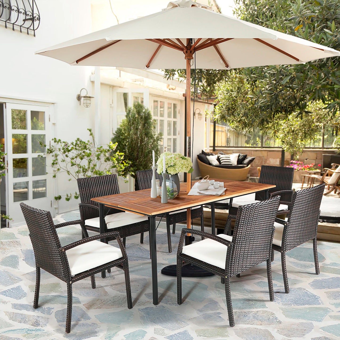 HOMASIS 7 Piece Patio Rattan Dining Set With Umbrella Hole