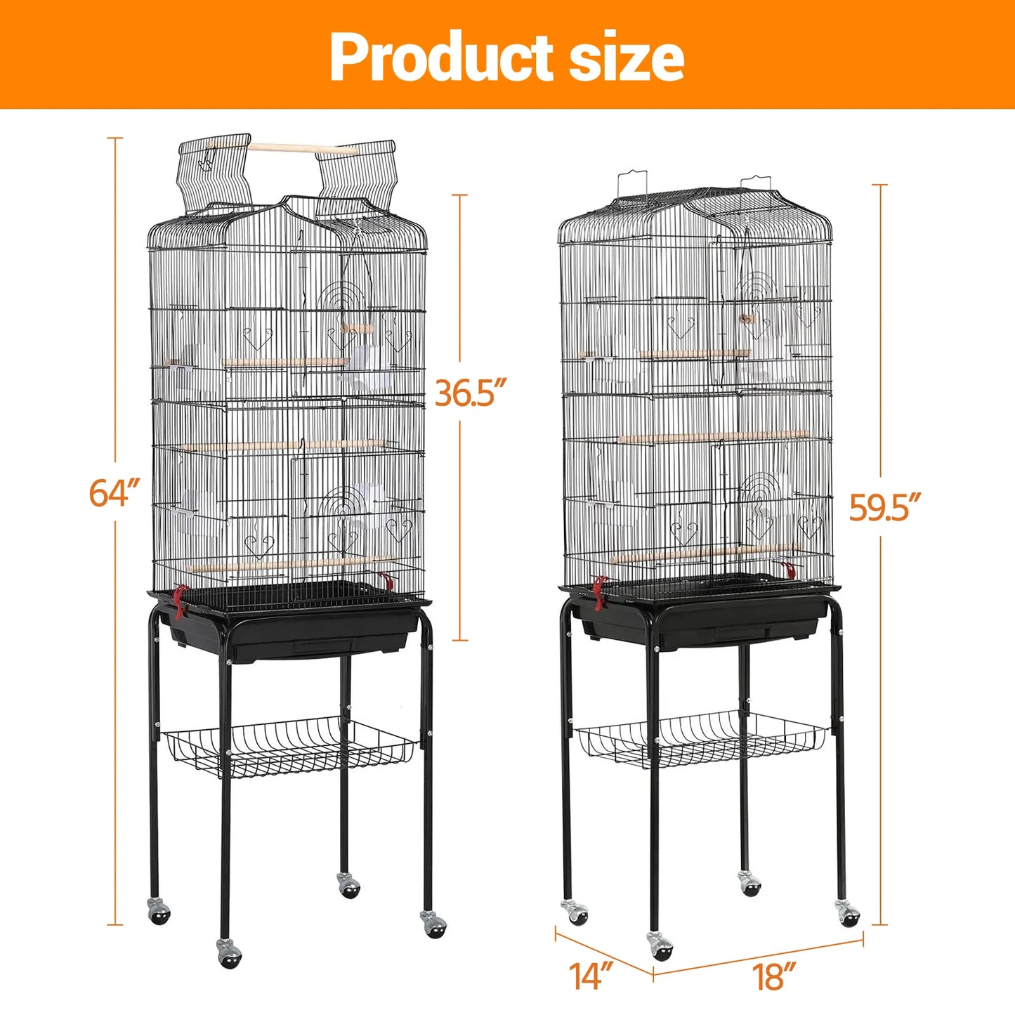 HiMISS Durable Bird Cage With Rooftop Play Stand And Tray