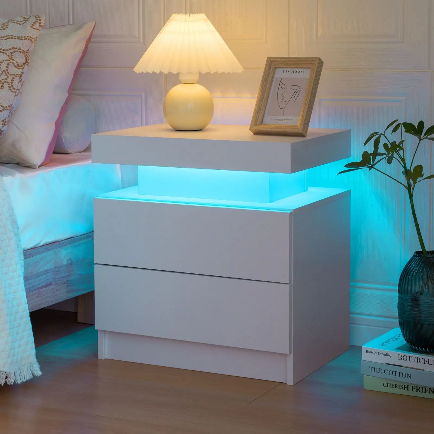 Cubehom LED Nightstands With 2 Drawers Modern Bedroom End Table