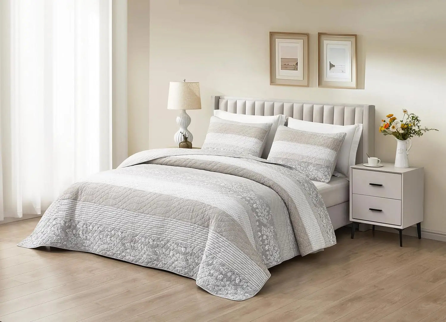 Floral Patchwork Striped Quilt Set in Prewashed Cotton Bedding