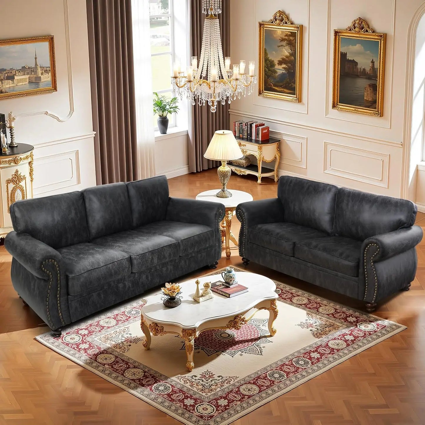 Mid-Century Sofa Set With Rivet Detailing For Living Room