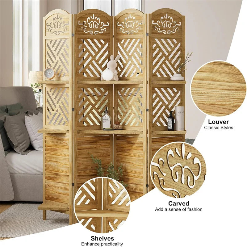 HiMISS 4 Panels Room Divider With Shelves Folding Screen