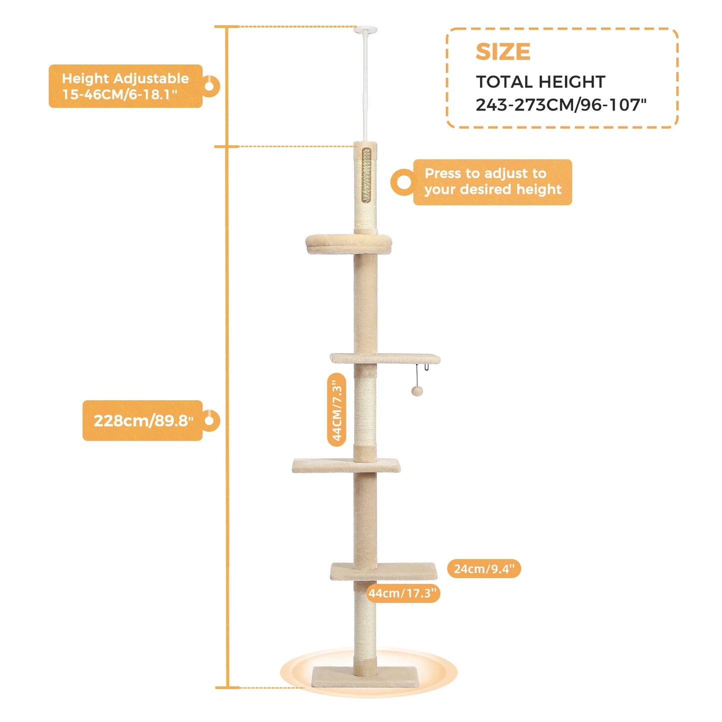PEQULTICN Adjustable Height Cat Tree FloorCeiling With Scratching Posts
