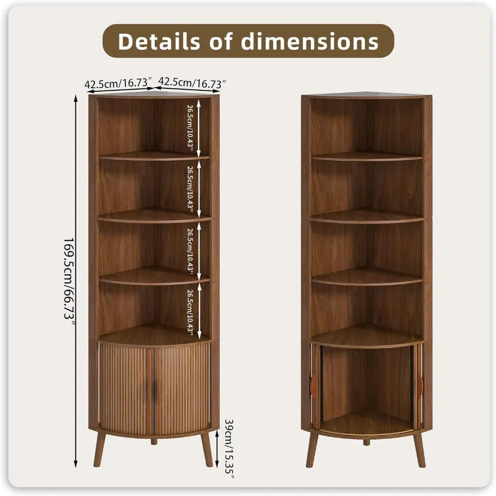 Modern 5-Tier Corner Shelf Bookcase With Fluted Doors