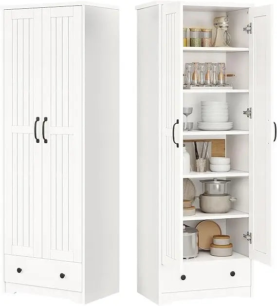 Tall Wooden Storage Pantry Cabinet With Adjustable Shelves And Drawer