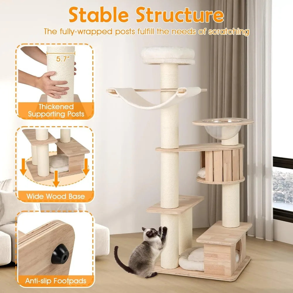 Wooden Cat Tree With Multi Level Towers And Dual Condos