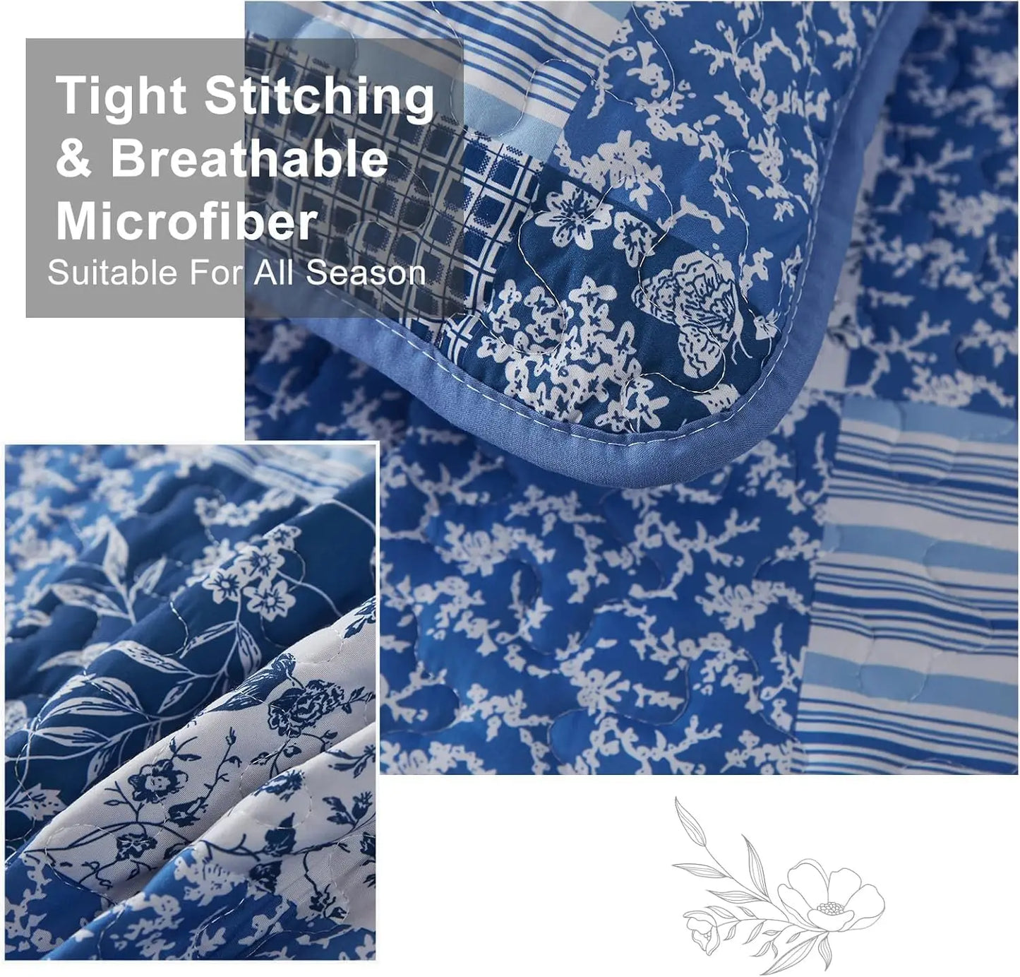 Floral Reversible Quilt Set 3 Piece Microfiber Bedspread