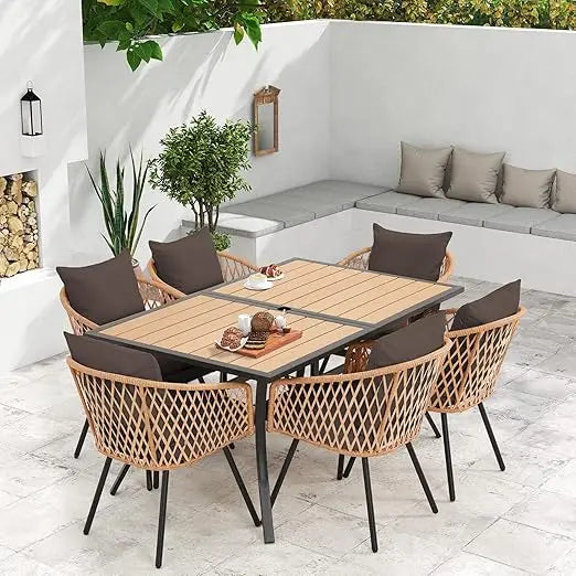 All-Weather Rattan Patio Dining Set With Wood Table Top And Cushions