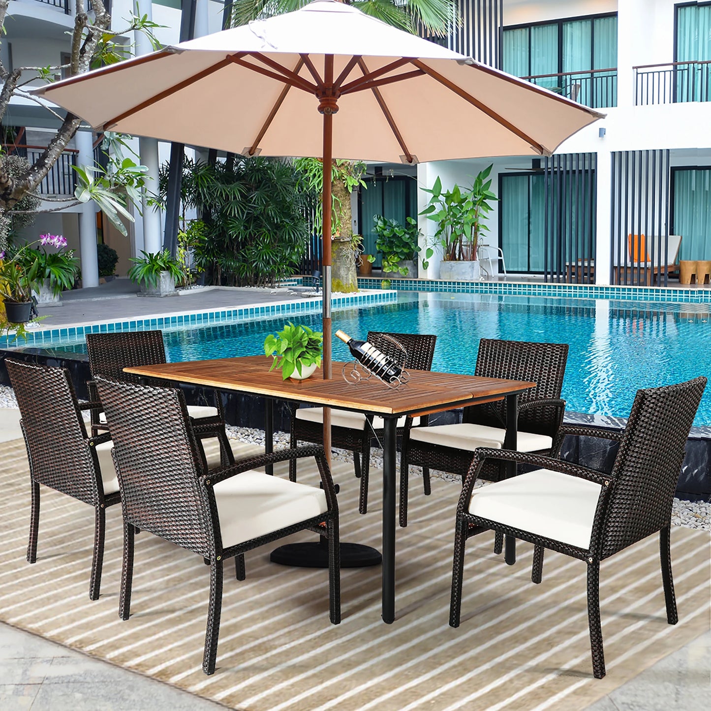 HOMASIS 7 Piece Patio Rattan Dining Set With Umbrella Hole