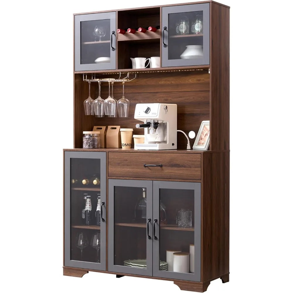 Coffee Bar Storage Cabinet With LED Lights And Wireless Charging