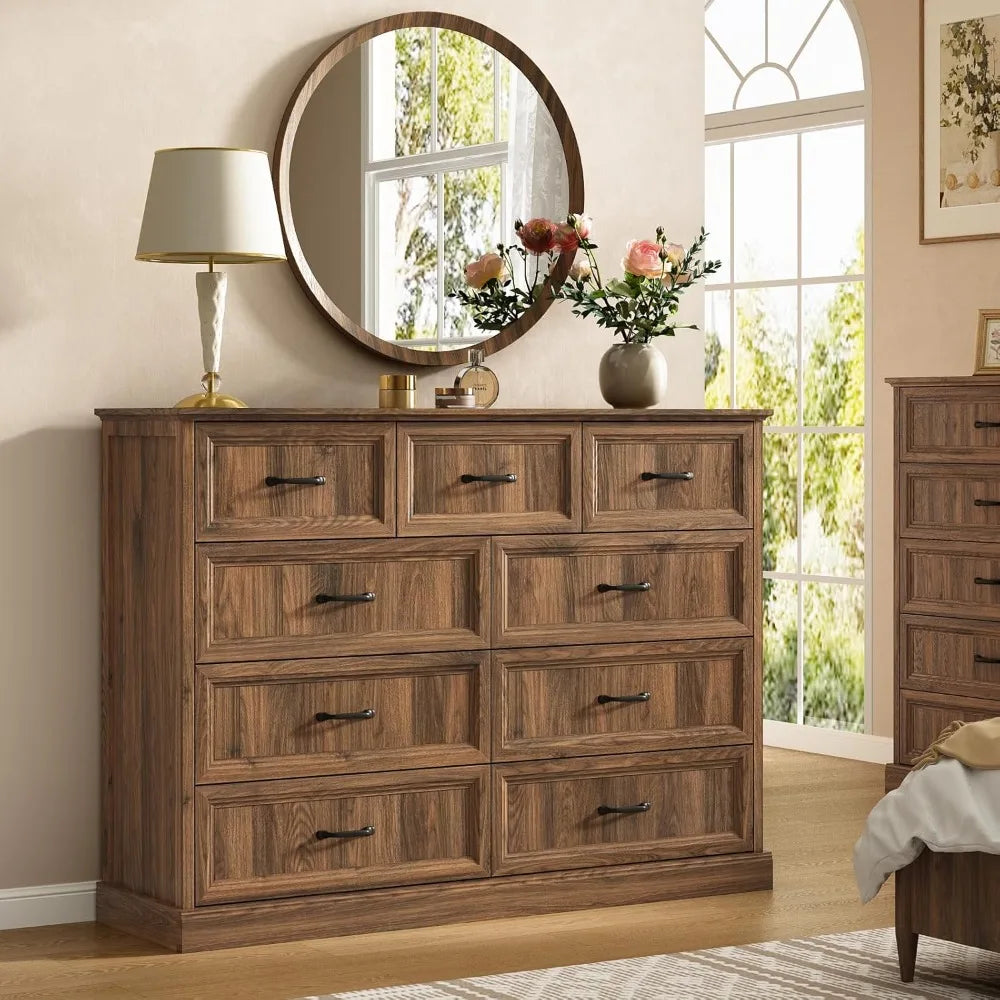 Nine Drawer Dresser And TV Stand In Modern Walnut Finish