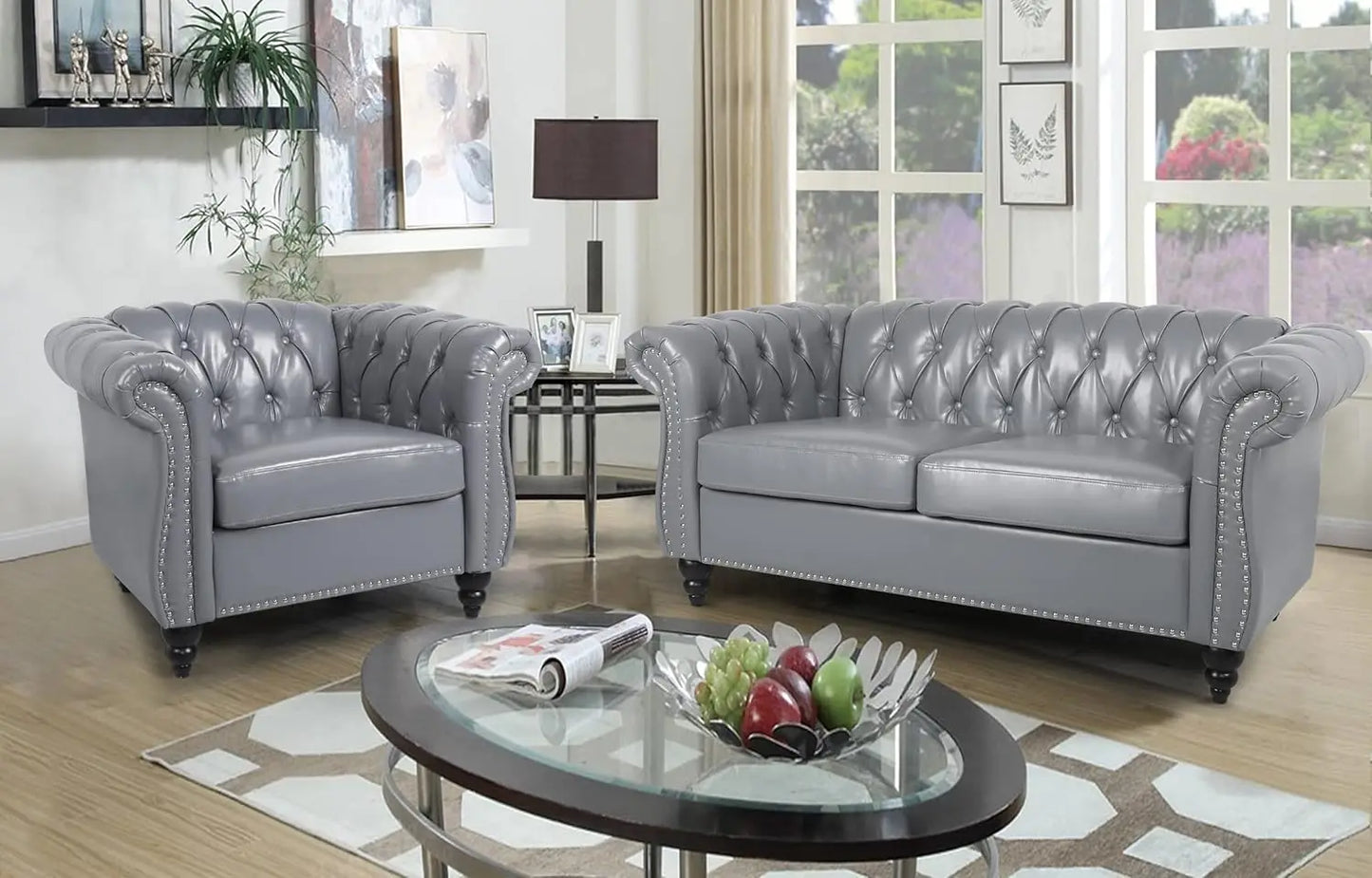 Modern Tufted Faux Leather Living Room Sofa Set With Button Nailhead Scroll Arms