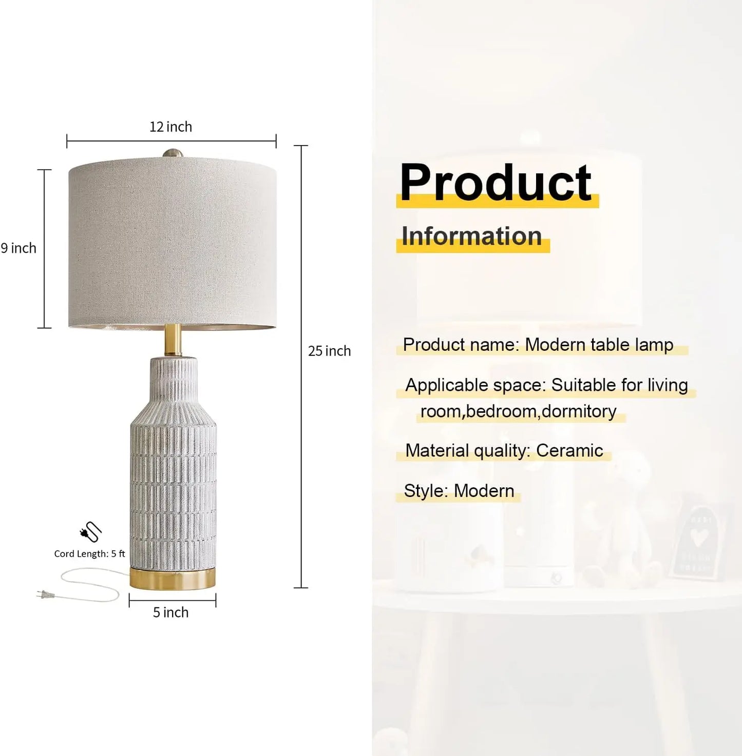 Modern Ceramic Table Lamp Set White Washed With Gold Base