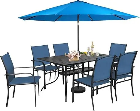 8 Piece Patio Dining Set With Umbrella And Textilene Chairs