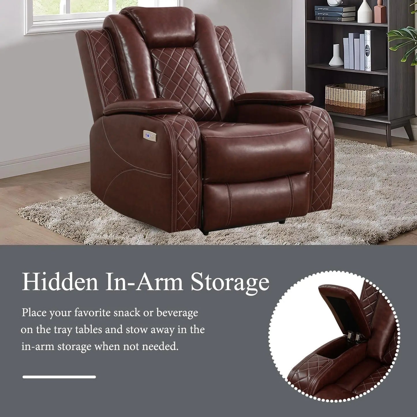 Power Recliner Leather Sofa Set With LED And USB Charging