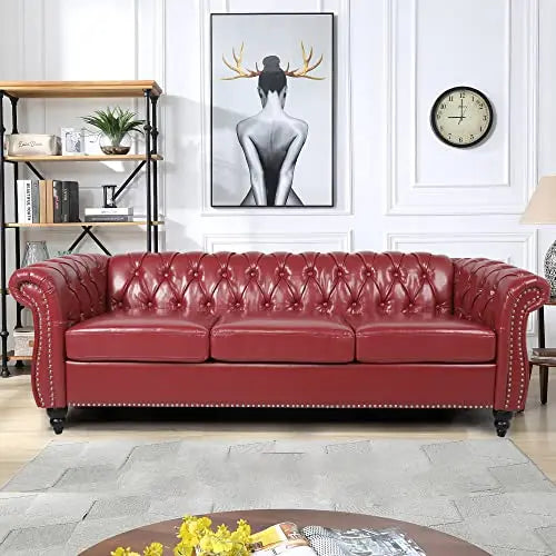 Modern Tufted Faux Leather Living Room Sofa Set With Button Nailhead Scroll Arms
