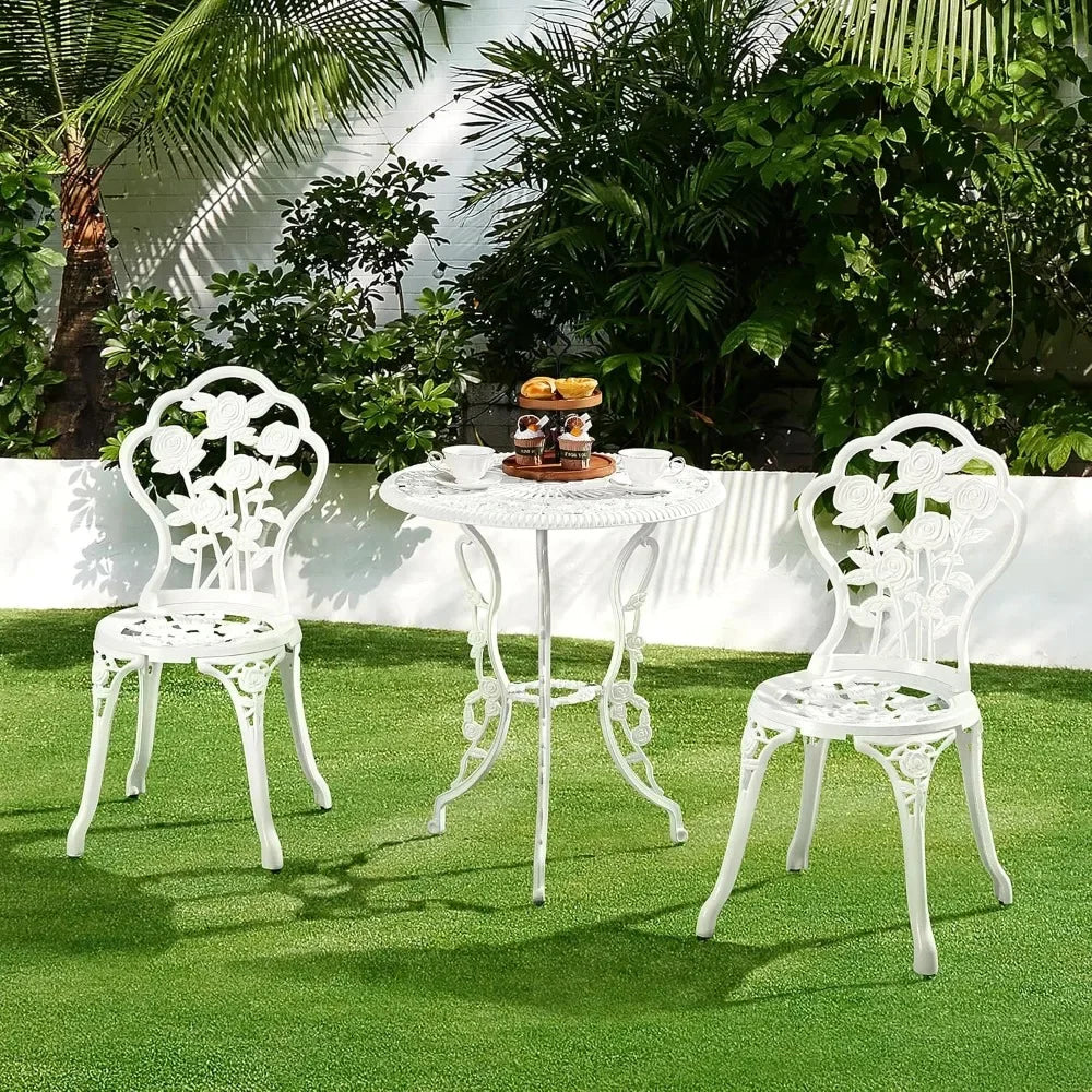 Outdoor 3 Piece Bistro Set With Rose Design Cast Aluminum