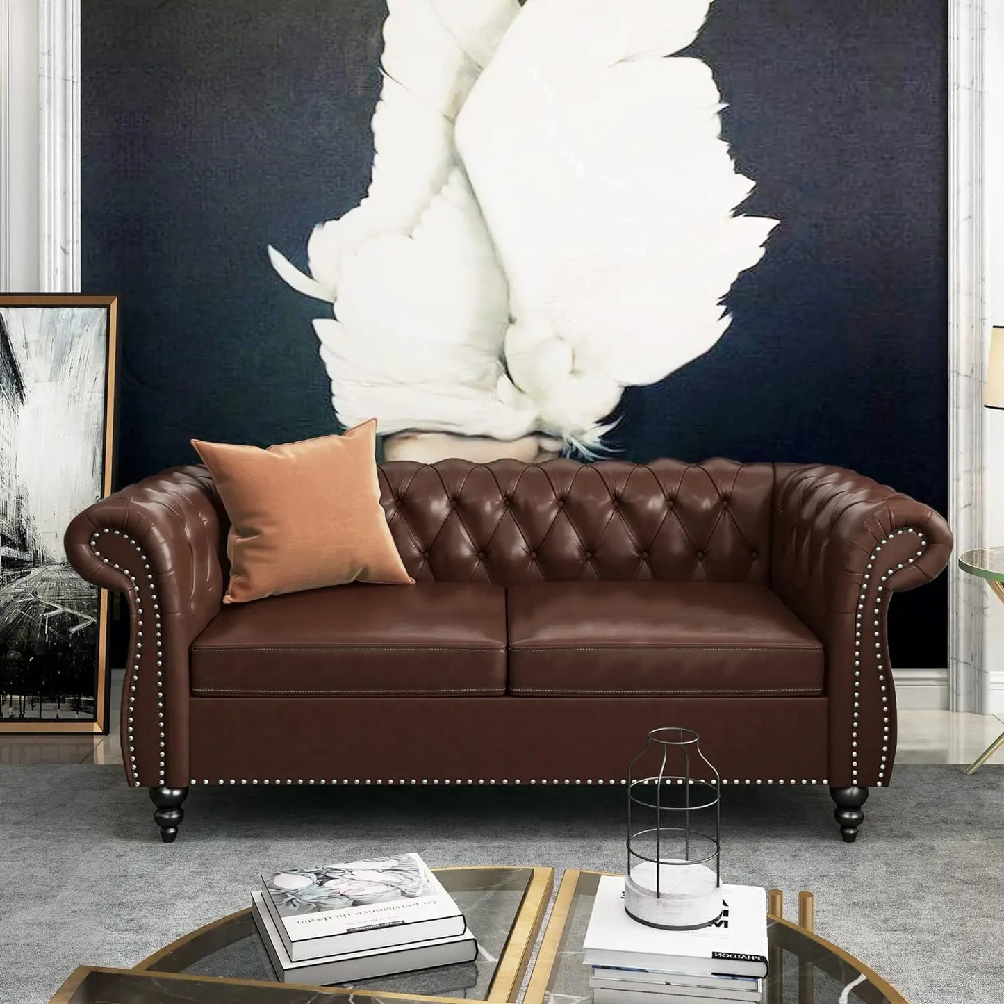 Modern Tufted Faux Leather Living Room Sofa Set With Button Nailhead Scroll Arms