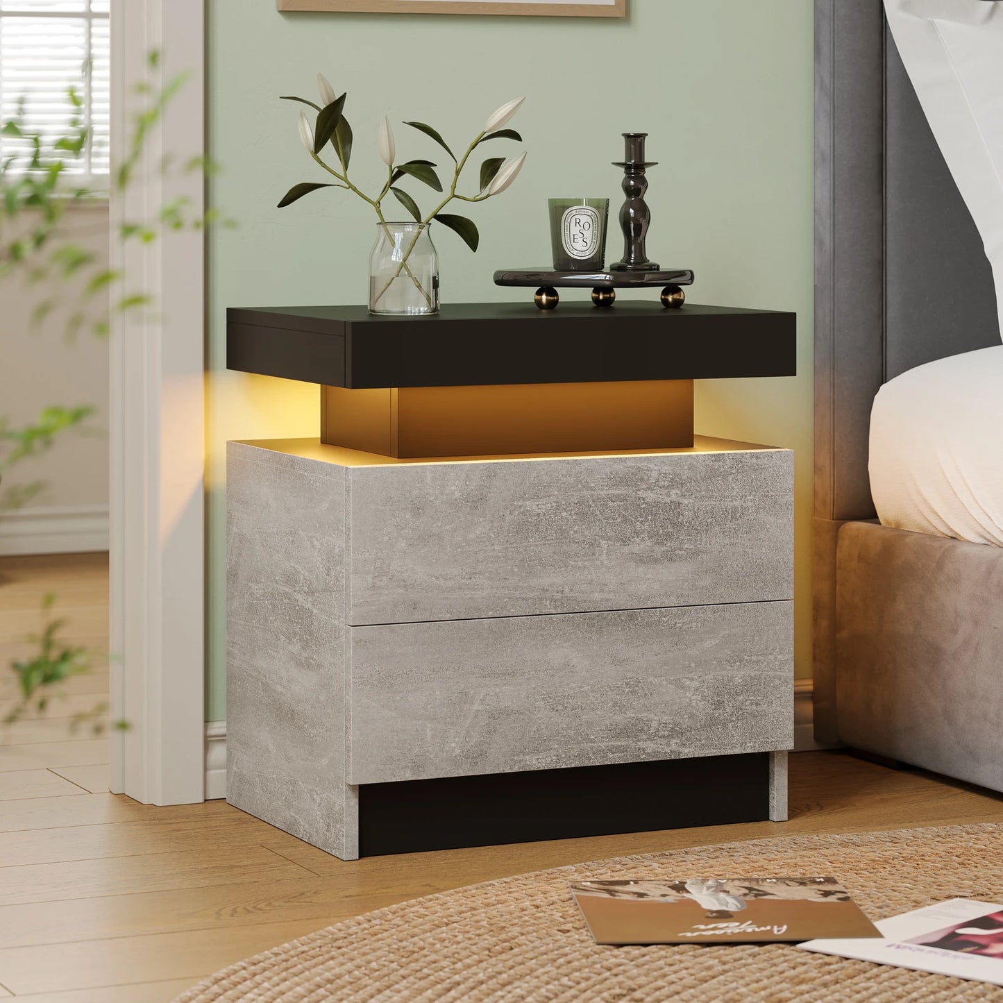 Cubehom LED Nightstands With 2 Drawers Modern Bedroom End Table