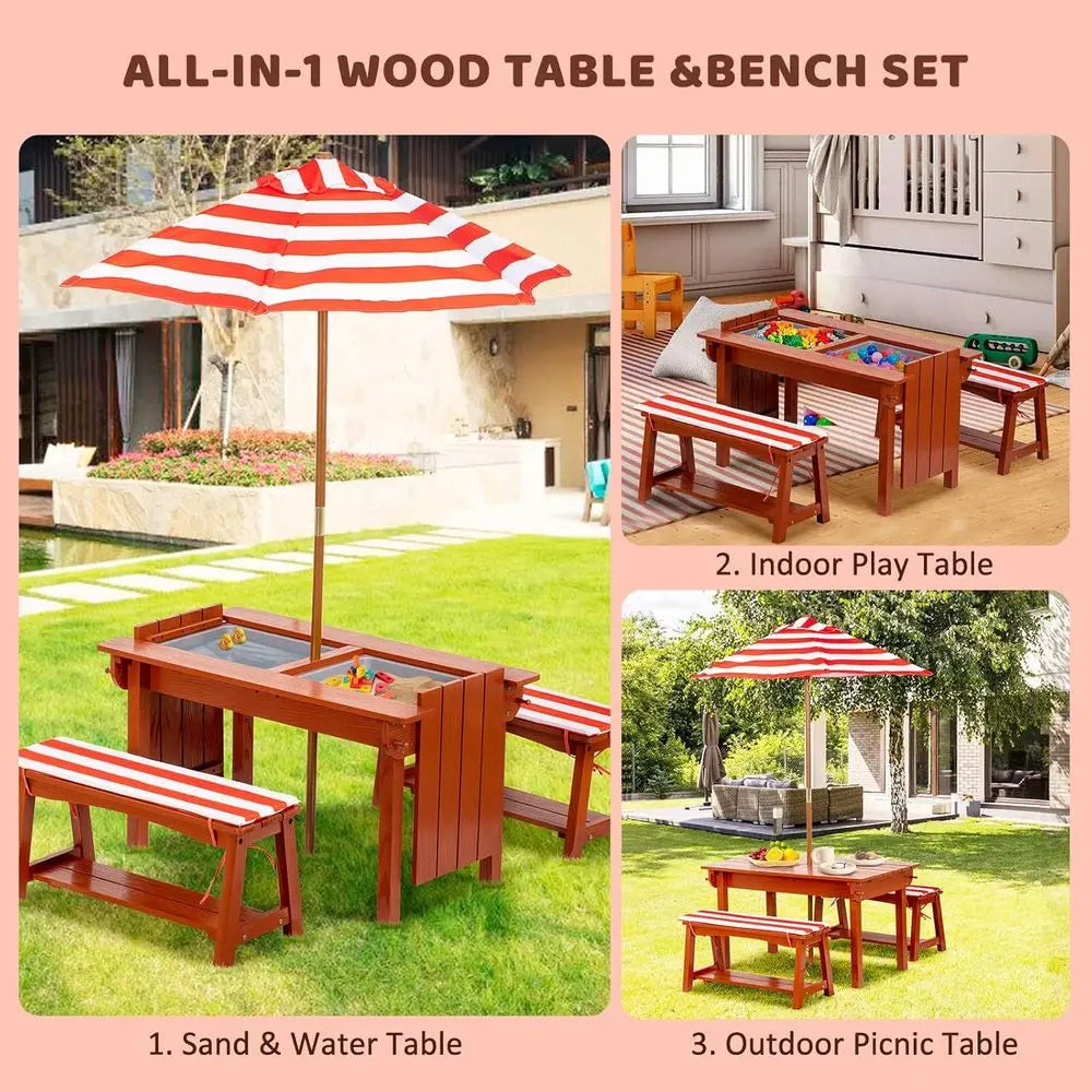 Picnic Table With Umbrella Outdoor Wooden Bench Set For Kids