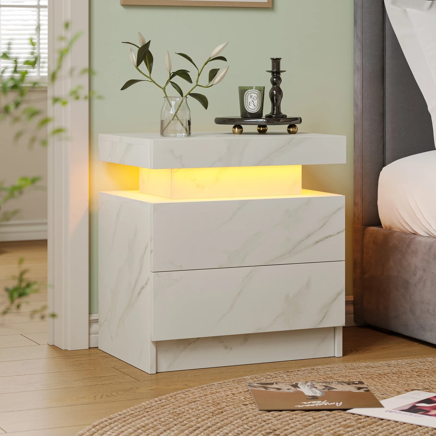 Cubehom LED Nightstands With 2 Drawers Modern Bedroom End Table