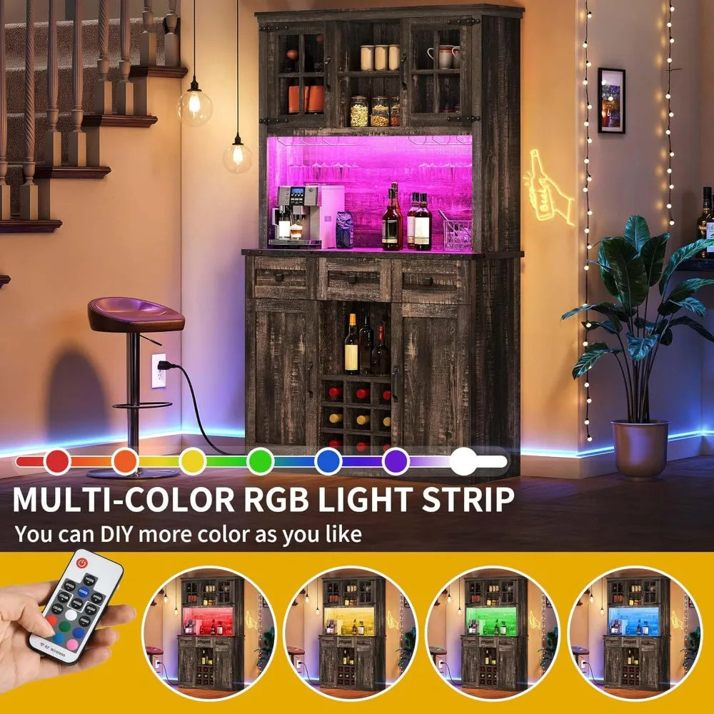 Farmhouse Coffee Bar Cabinet With Power Outlet And Led Lights