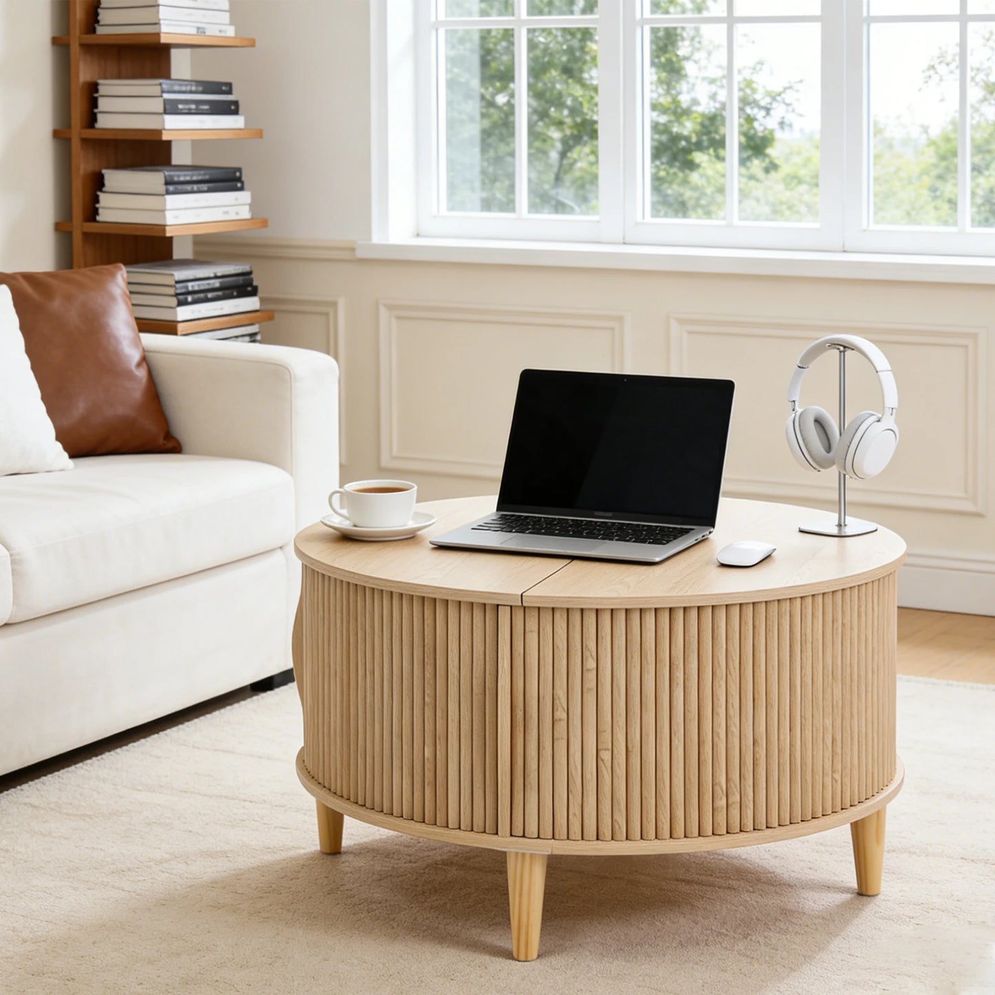 JHK Round Coffee Table With Flip Top Storage 2 Tier