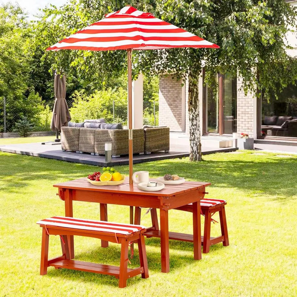 Picnic Table With Umbrella Outdoor Wooden Bench Set For Kids