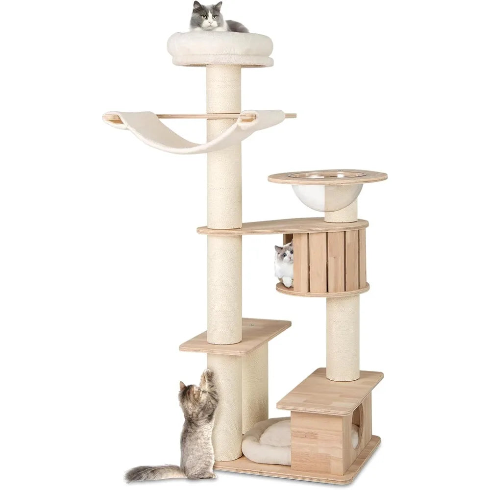 Wooden Cat Tree With Multi Level Towers And Dual Condos