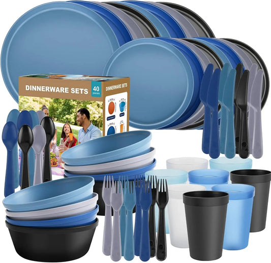RV Camping Dinnerware Set For 8 With Microwave Safe Plates Bowls And Cutlery