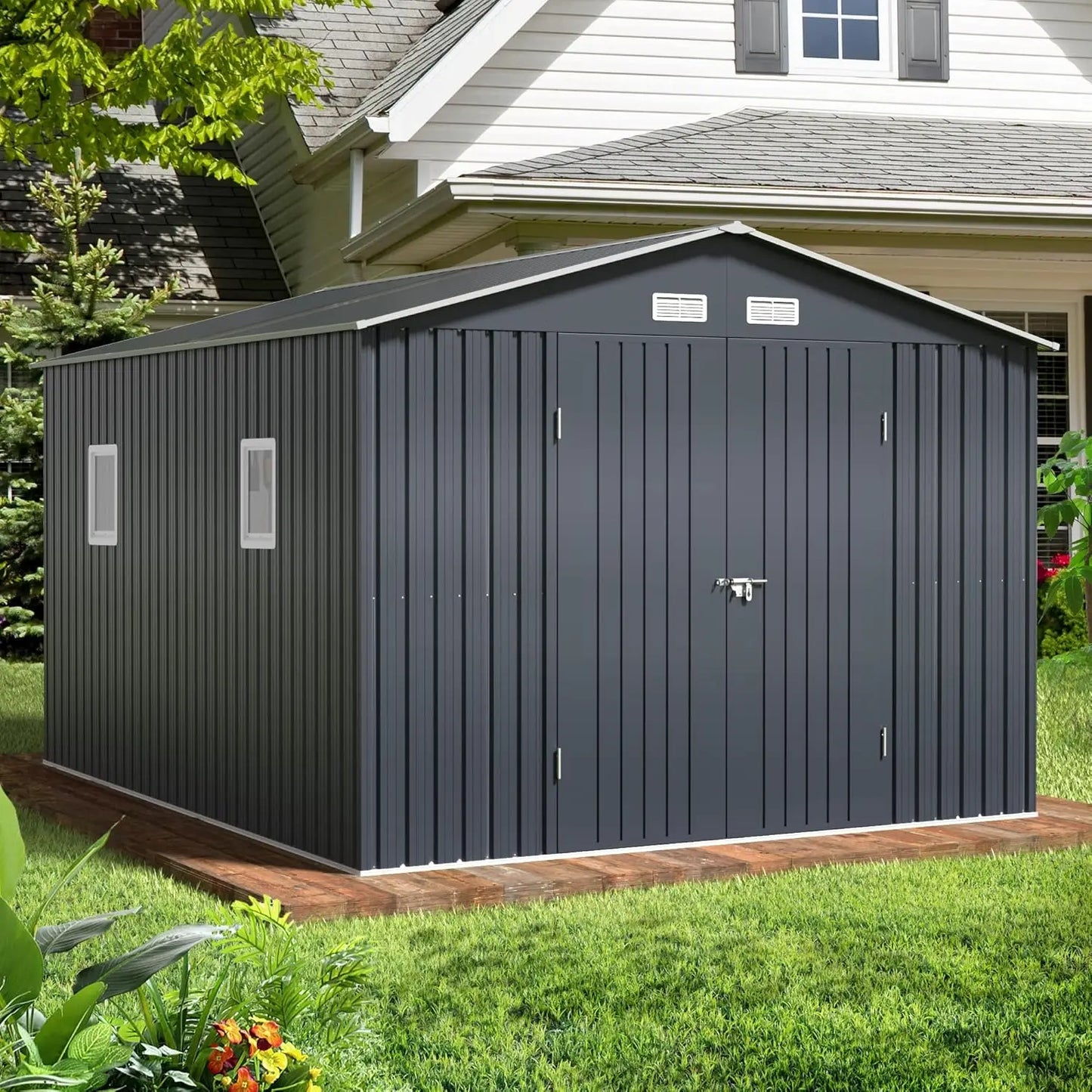 Metal Outdoor Storage Shed With Lockable Doors And Windows