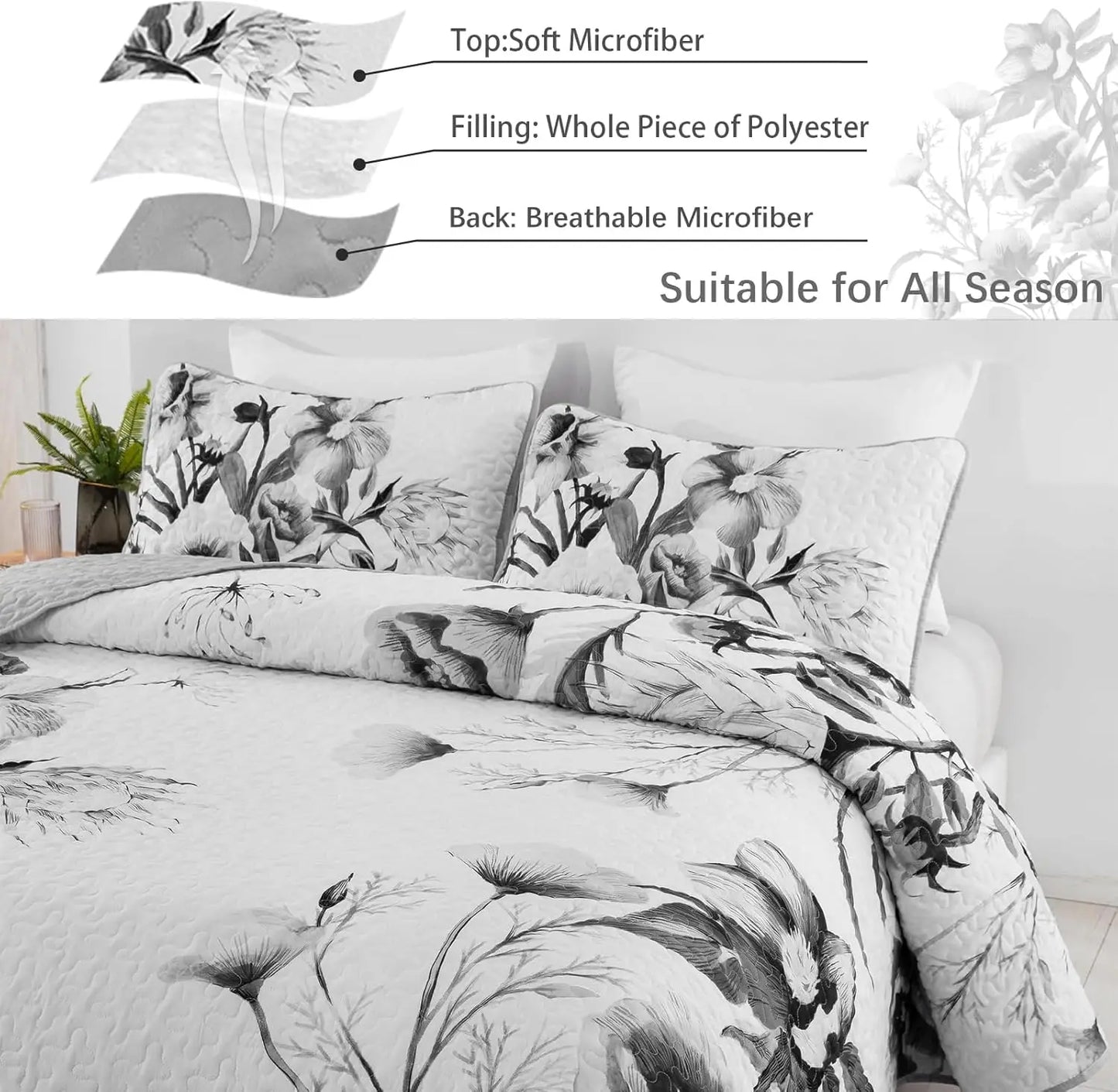 Floral Quilt Set 3 Piece Microfiber Bedspread All Seasons