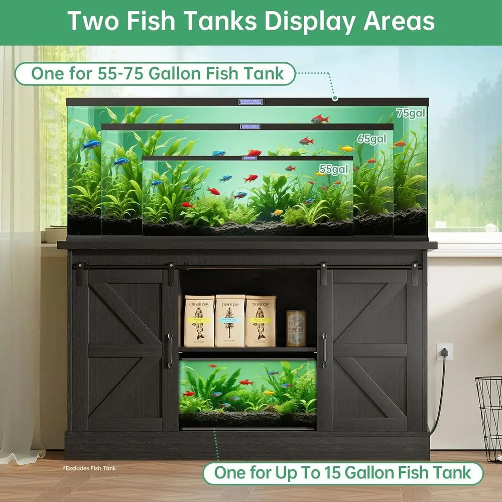 Aquarium Stand With Sliding Barn Doors And Power Outlet Cabinet