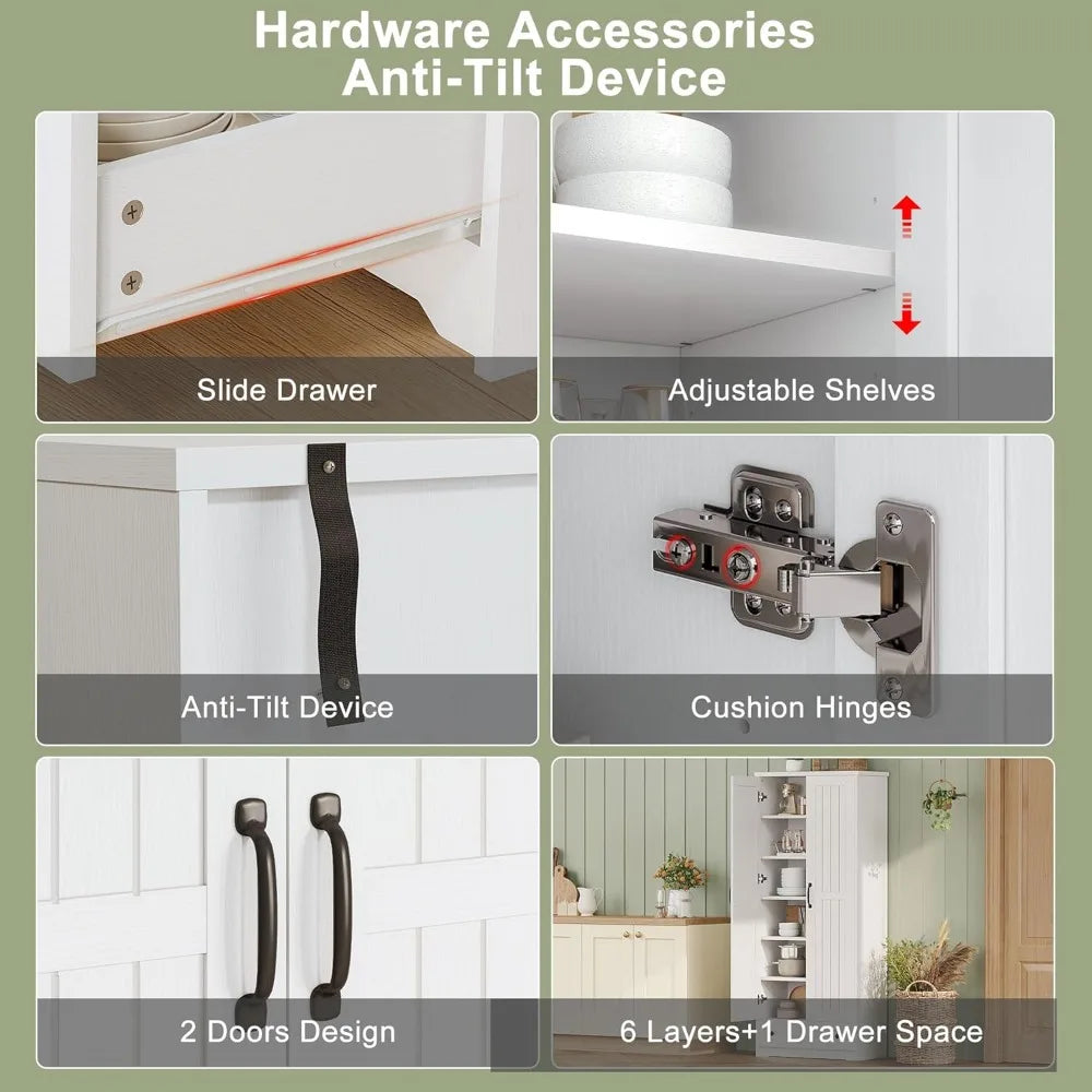 Tall Wooden Storage Pantry Cabinet With Adjustable Shelves And Drawer