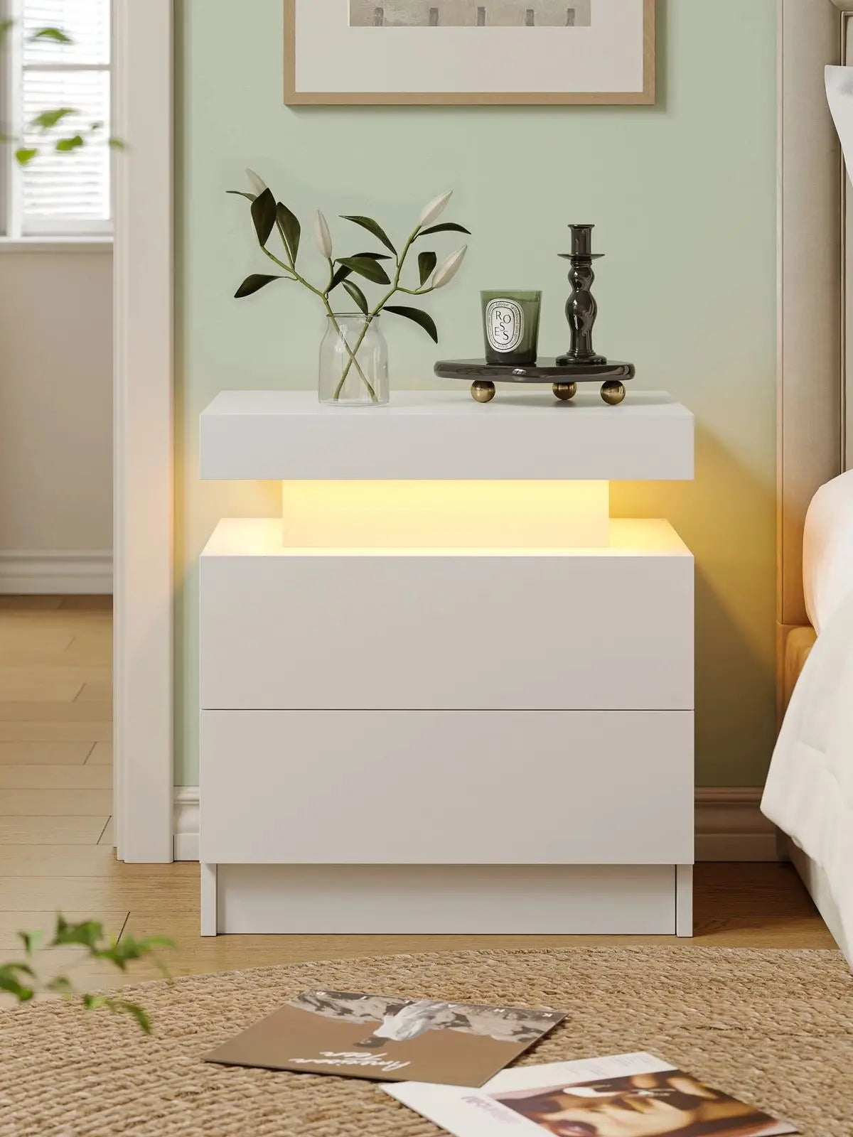 Cubehom LED Nightstands With 2 Drawers Modern Bedroom End Table
